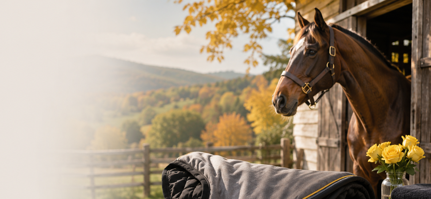 Horse blanket folded beside a Vermont barn with a horse in the background, representing professional horse blanket cleaning and mending services from Claire’s Linen Service.