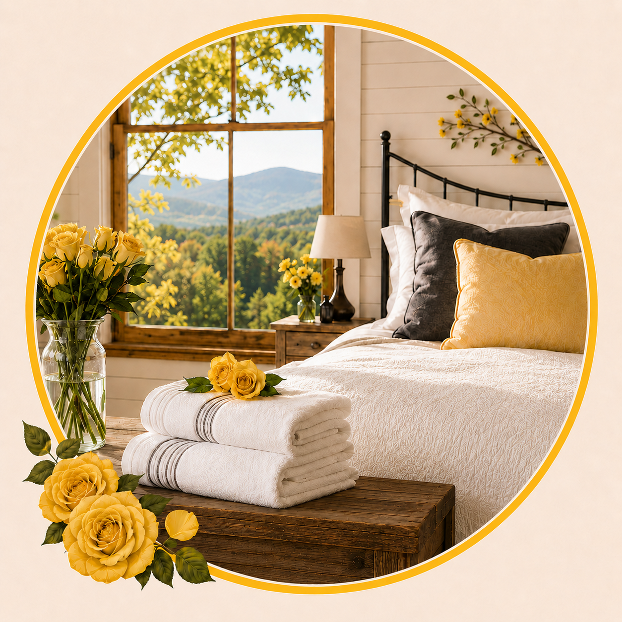 Cozy Vermont bedroom with fresh linens and folded towels for a vacation rental cleaning blog.