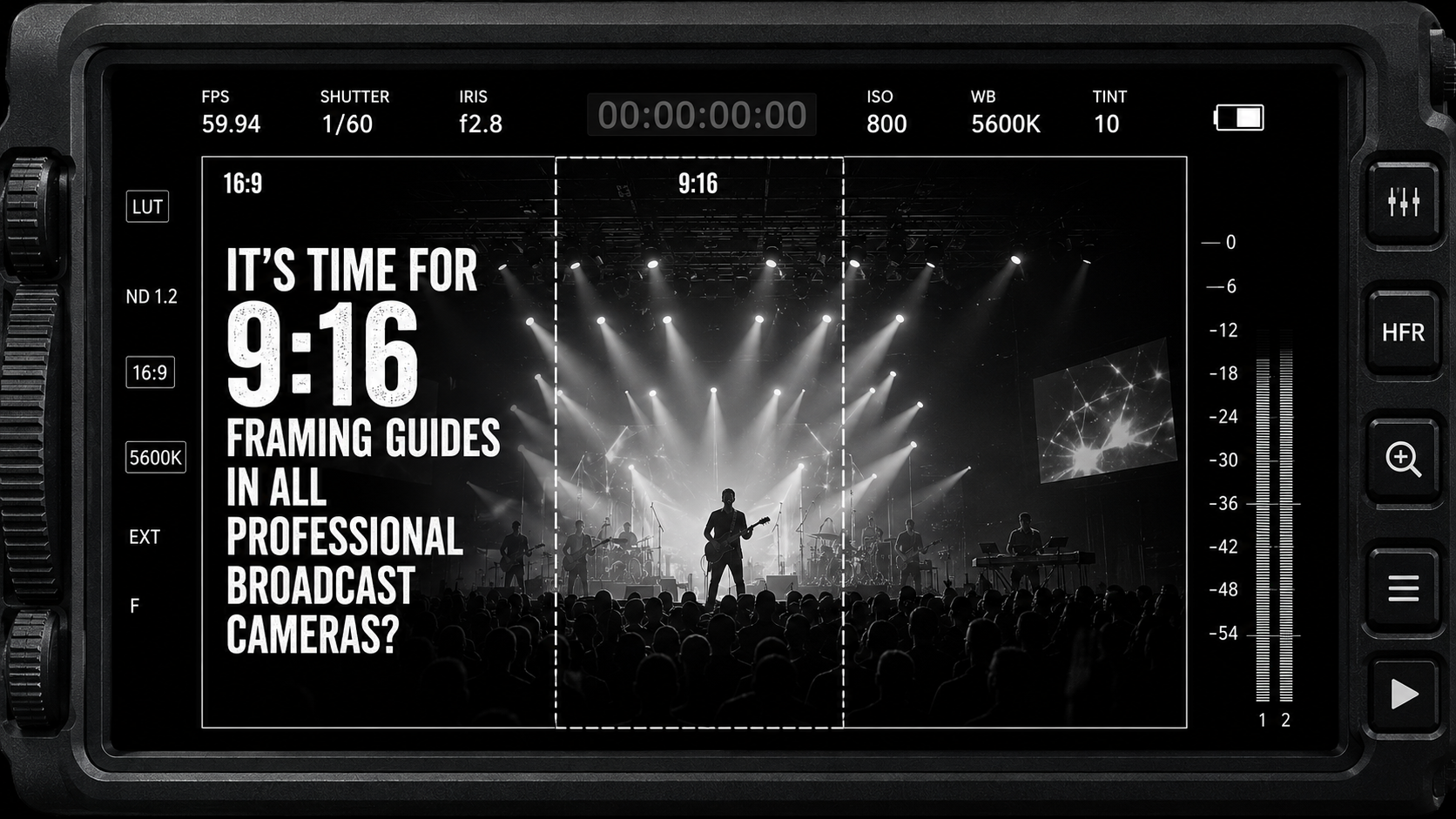 Professional broadcast camera viewfinder displaying 9:16 framing guides for live event, ProAV, and b