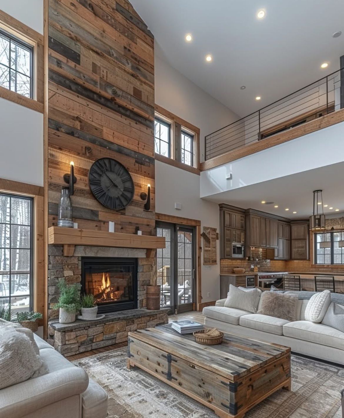 A living room with a fireplace and a clock on the wall