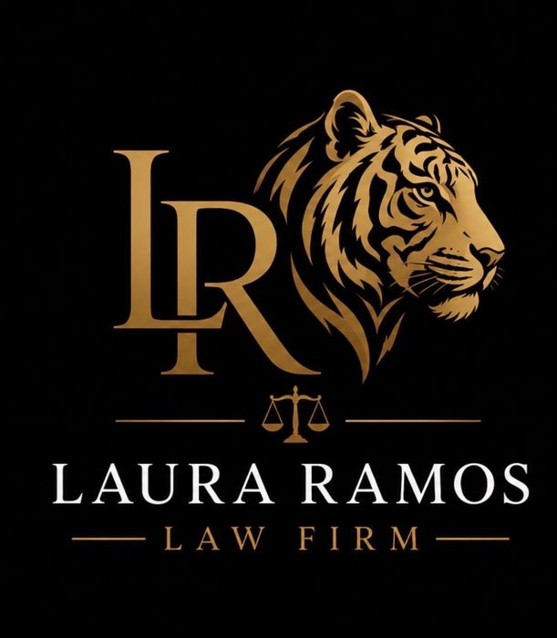 Laura Ramos Law Firm logo with gold tiger, LR monogram, and scales on black background