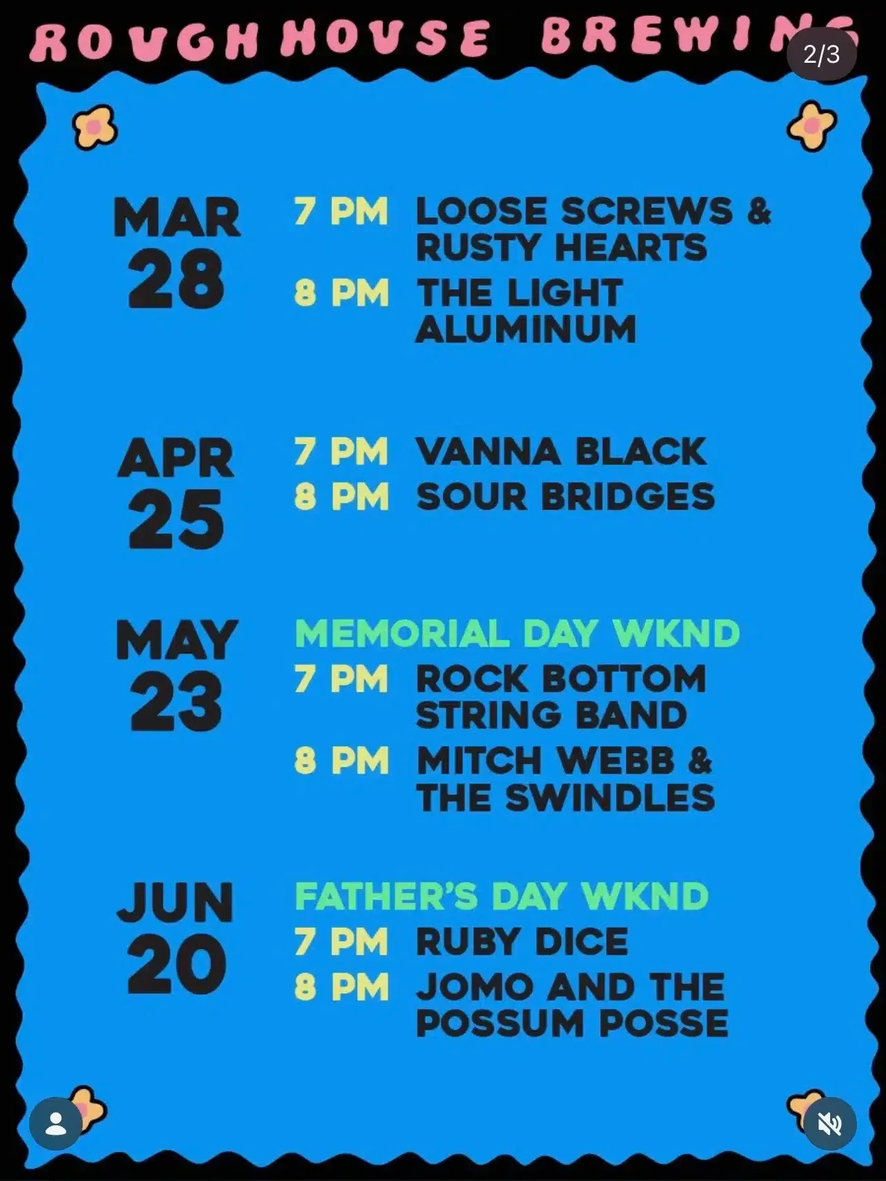Blue Rough House Brewing show flyer listing March–June 2023 bands and times