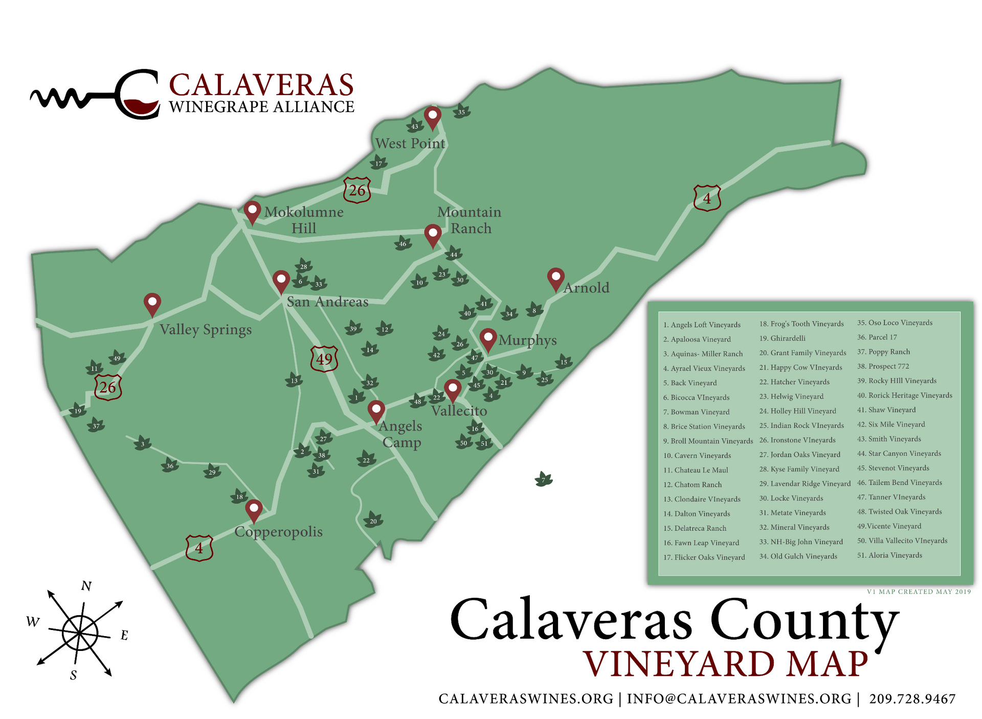 Calaveras County vineyard map with green landscape, route markers, and vineyard legend.