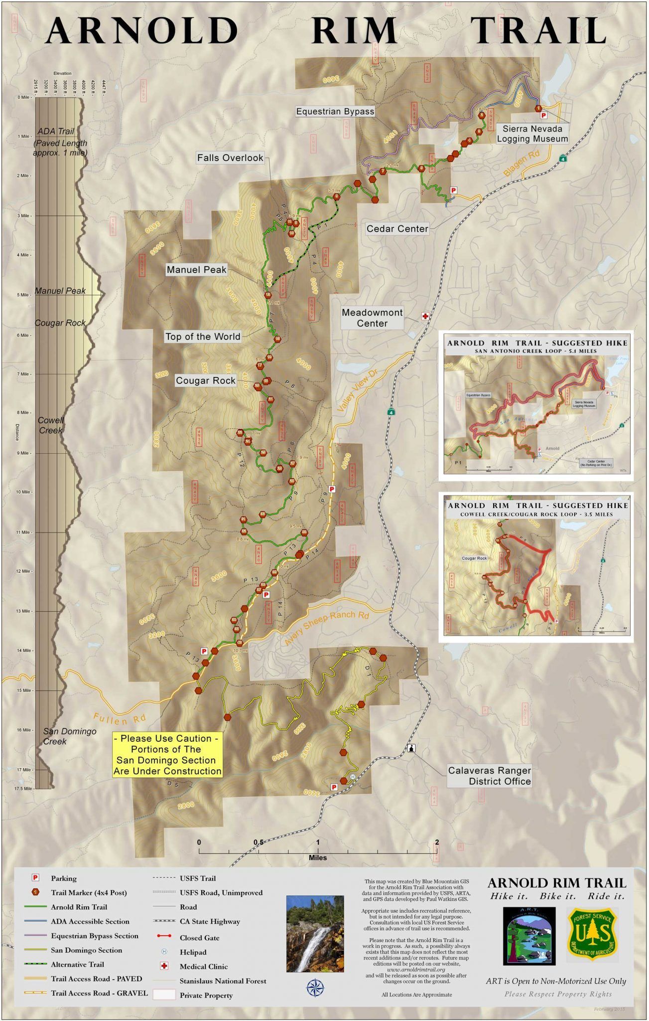 Map poster titled “Arnold Rim Trail” with route map, inset maps, and trail details.