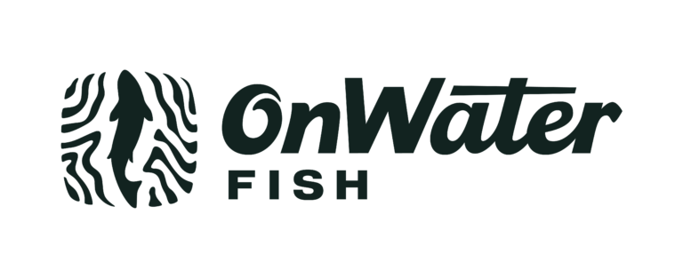 OnWater Fish logo with black zebra-striped icon and bold black text on a white background