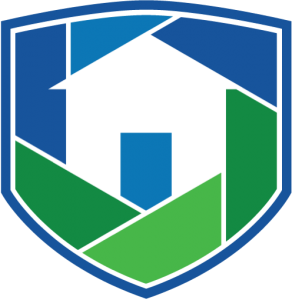 Shield logo with a house silhouette in blue and green, suggesting home security.
