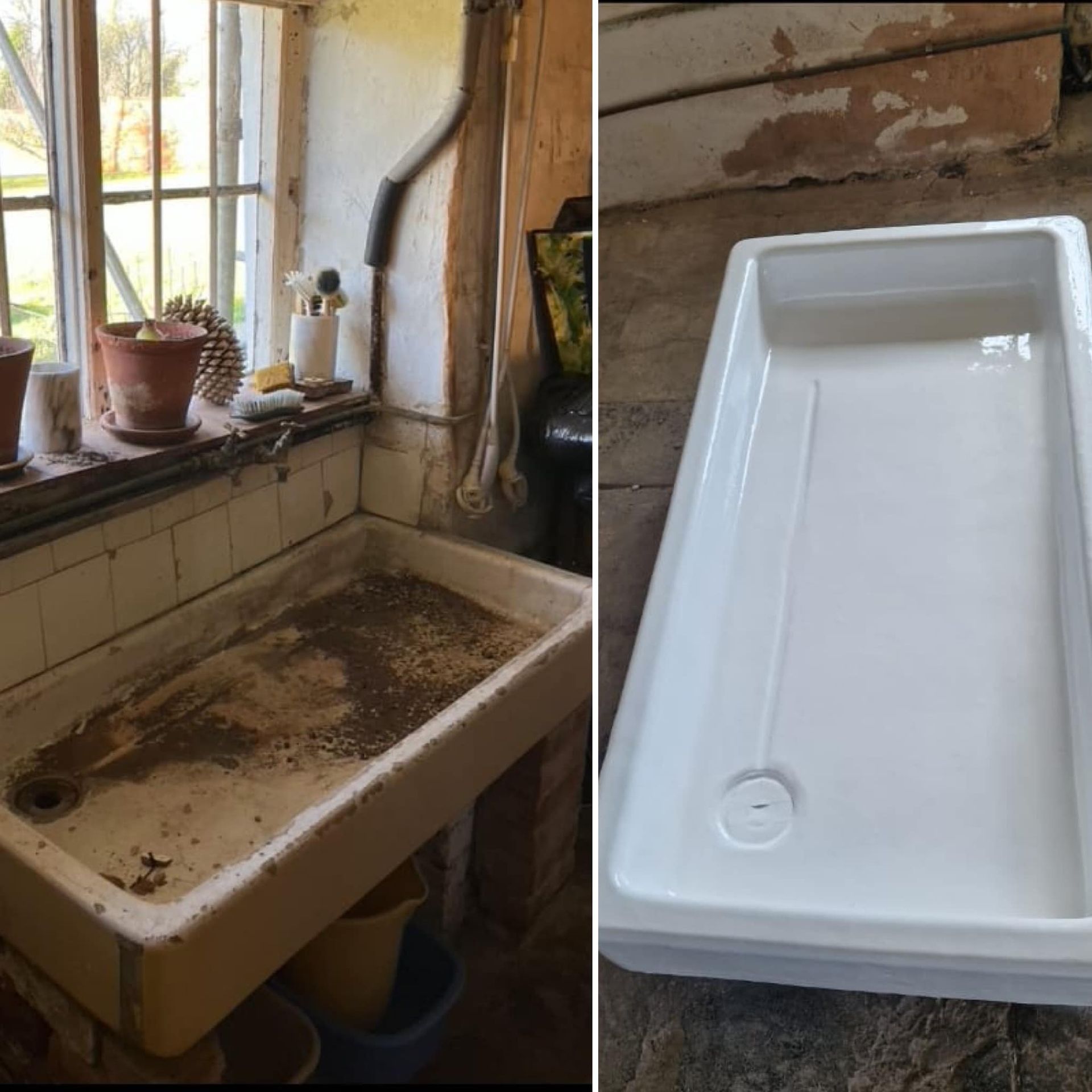 A picture of a dirty sink next to a picture of a clean sink
