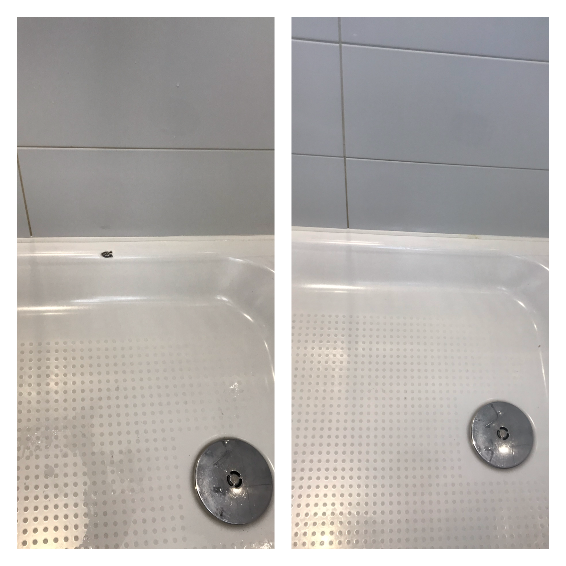 A before and after picture of a shower drain