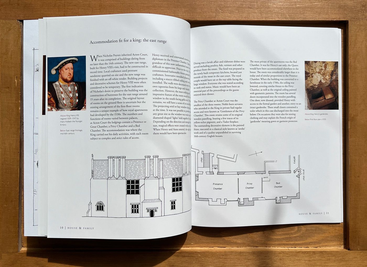 Acton Court Guidebook open to a page with a picture Henry VIII