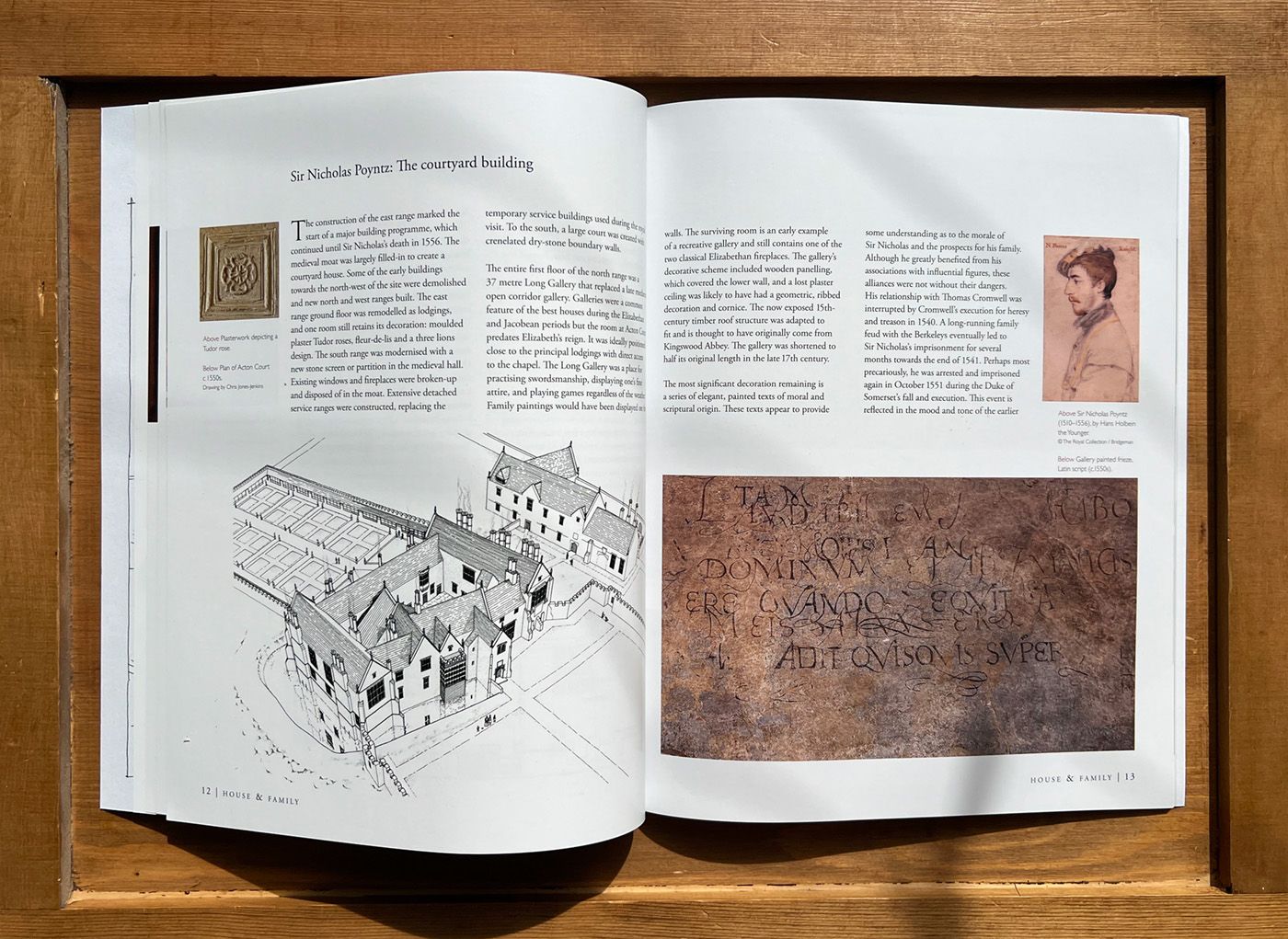 Acton Court Guidebook open to a page with a drawing of  building and a picture of Poyntz.