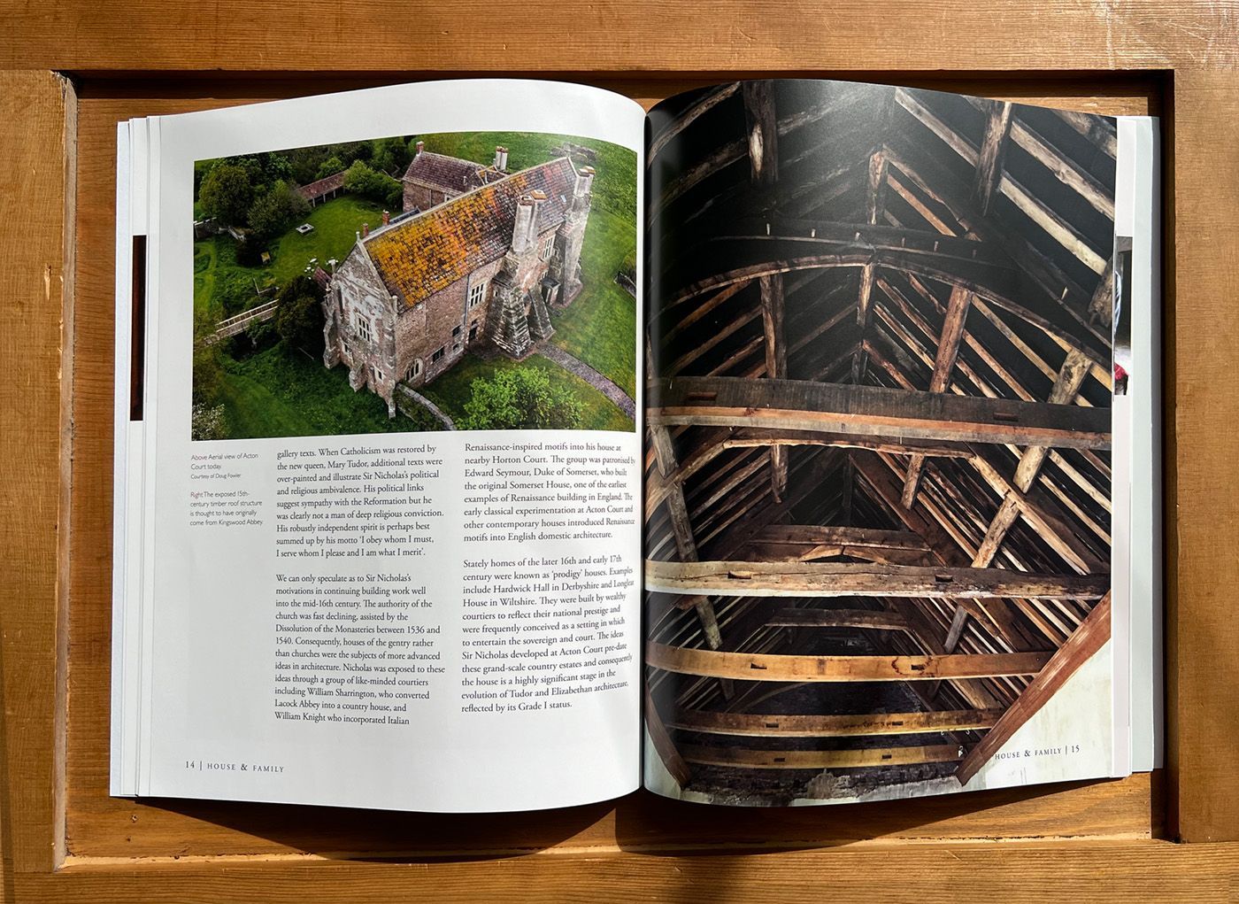 Acton Court Guidebook open to a page showing the inside of the building.