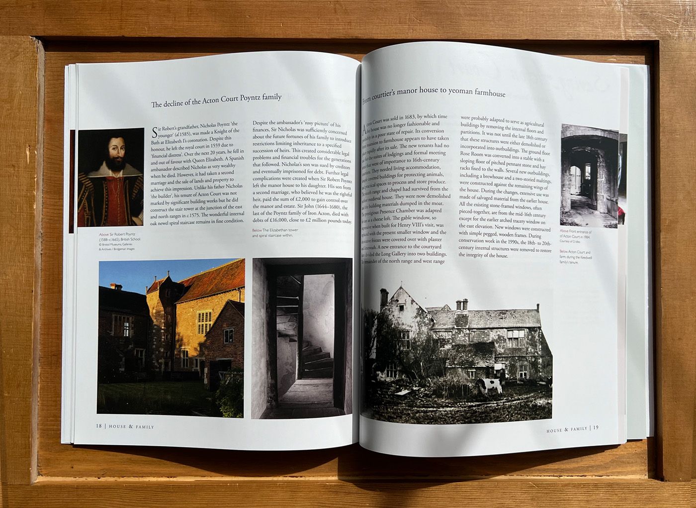 Acton Court Guidebook open to a page with pictures of the buildings