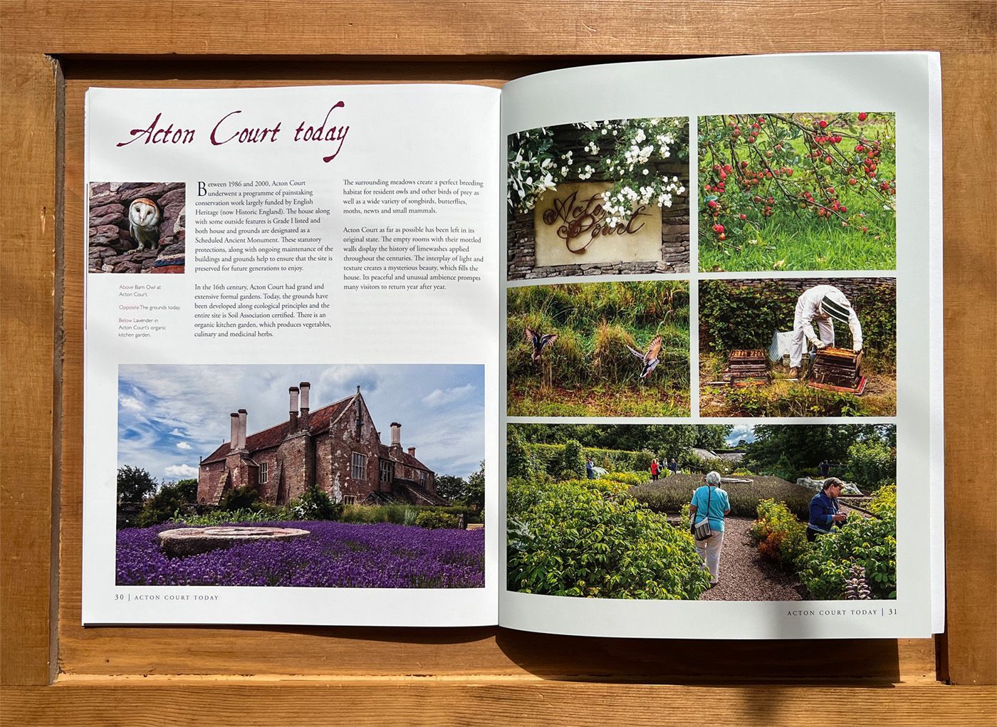 Acton Court Guidebook open to a page with pictures of a house and a garden.