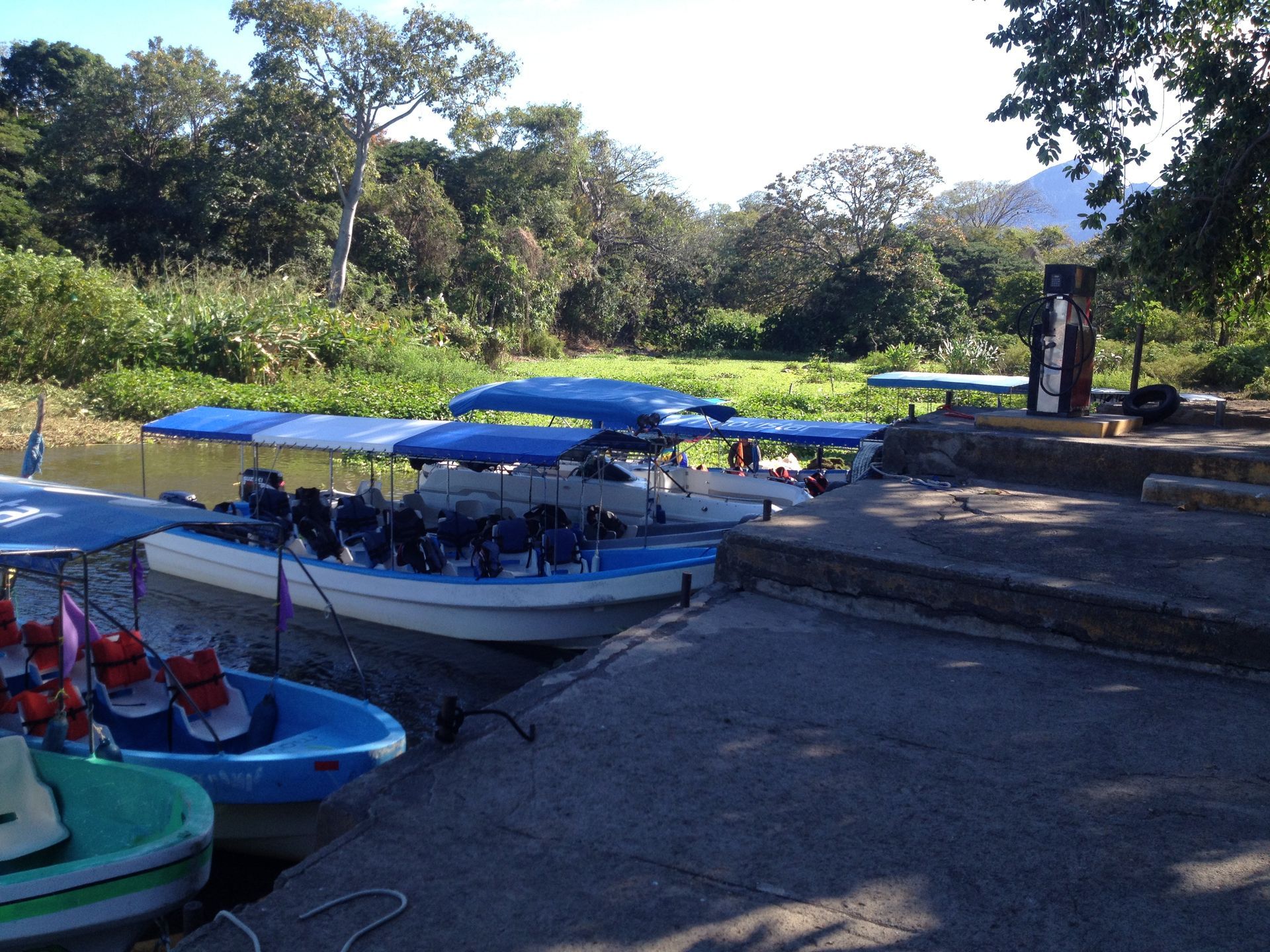 Boats docked at a concrete pier on a river. Blue canopies shade passengers. Lush green trees and vegetation in background.