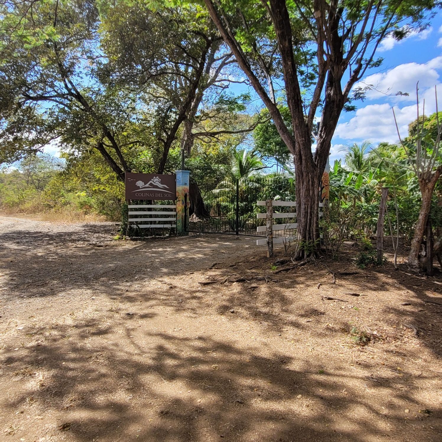 Dirt road entrance to a lush area with a sign. Trees surround a wooden fence and gate. Blue sky visible.