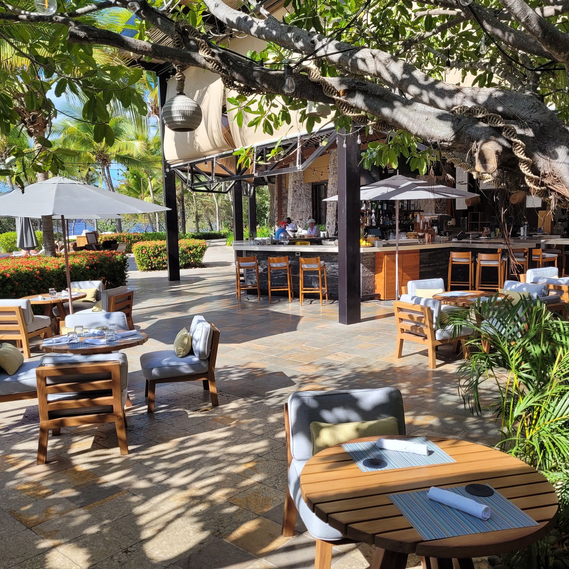 Outdoor restaurant with tables, chairs, bar, and staff. Trees provide shade. Sunny day, with ocean view in background.
