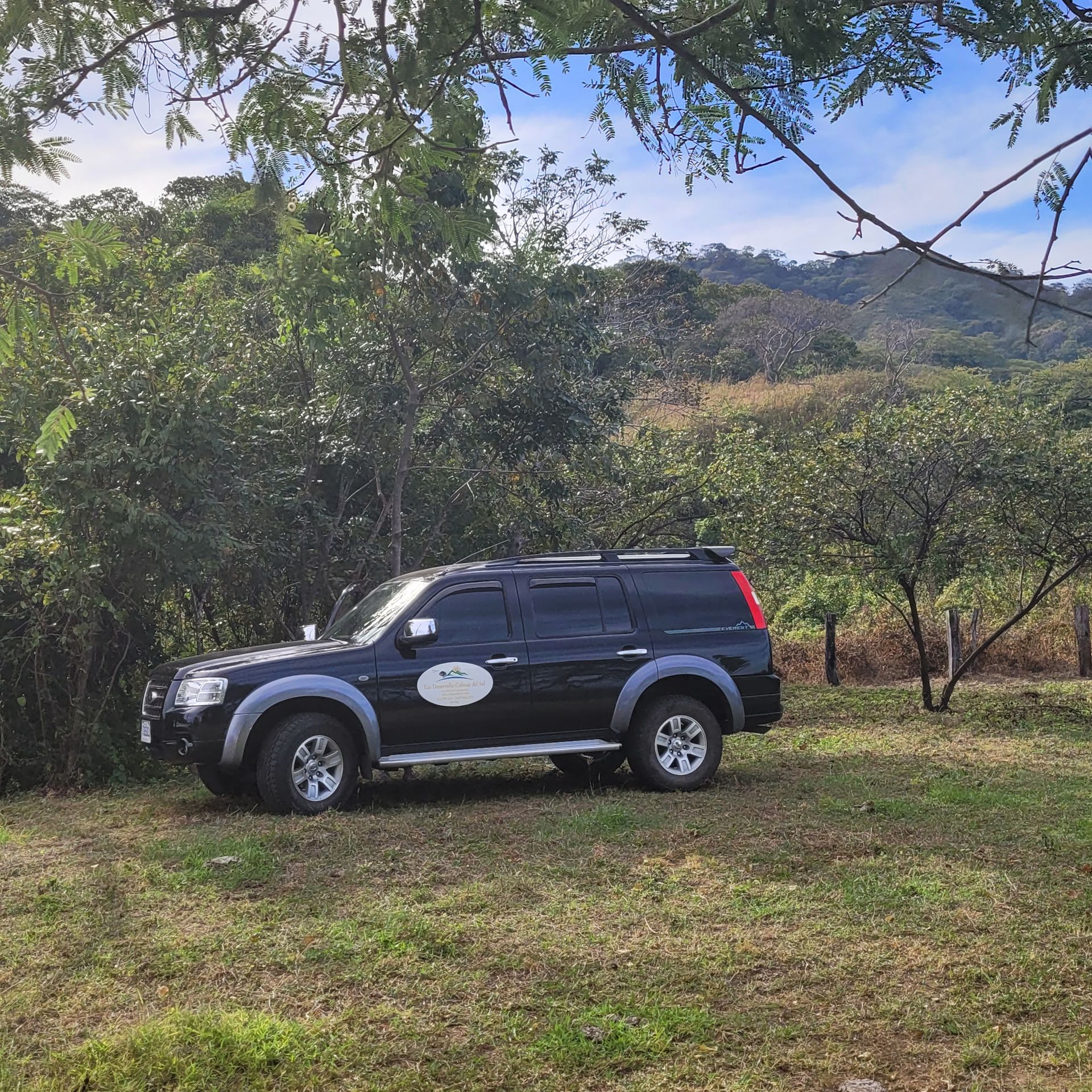 Black SUV parked on grassy terrain near trees and a hill.