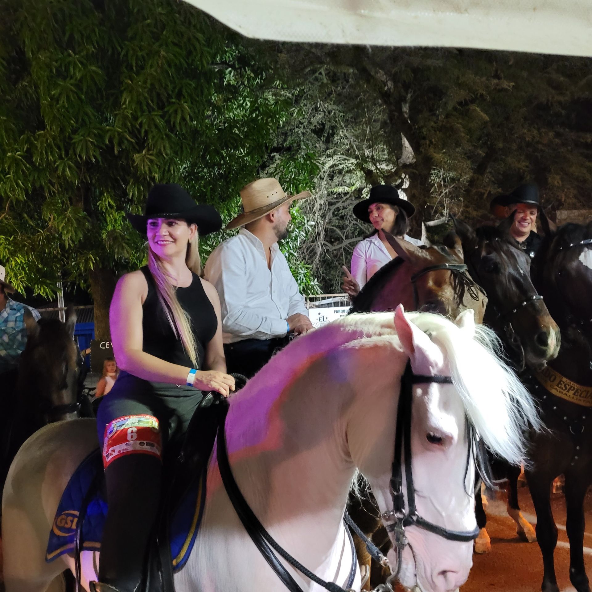 People on horseback in a night setting, wearing hats and formal attire. White horse in foreground.