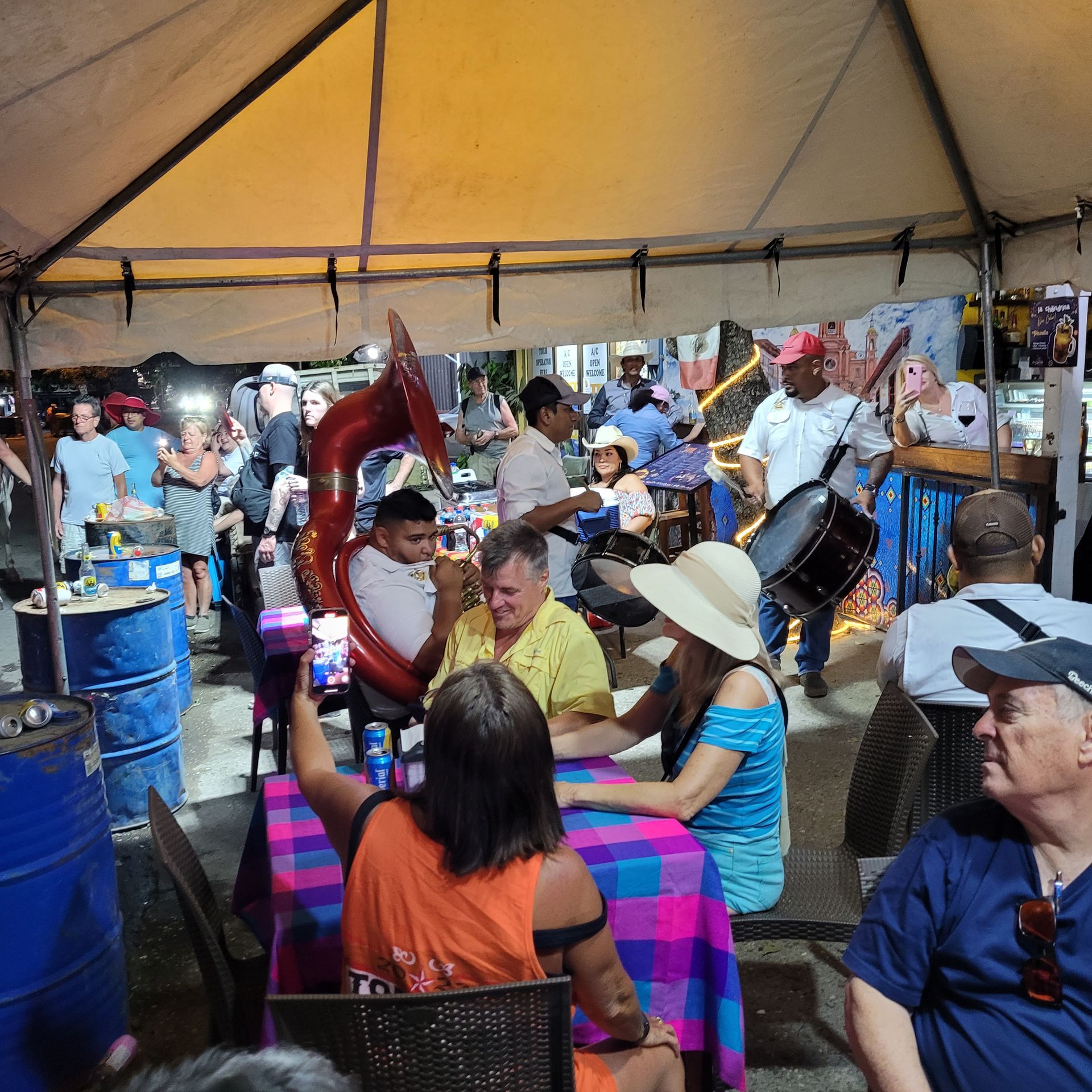 People dining and celebrating under a tent, musicians playing, and a balloon in the shape of a whale tail.