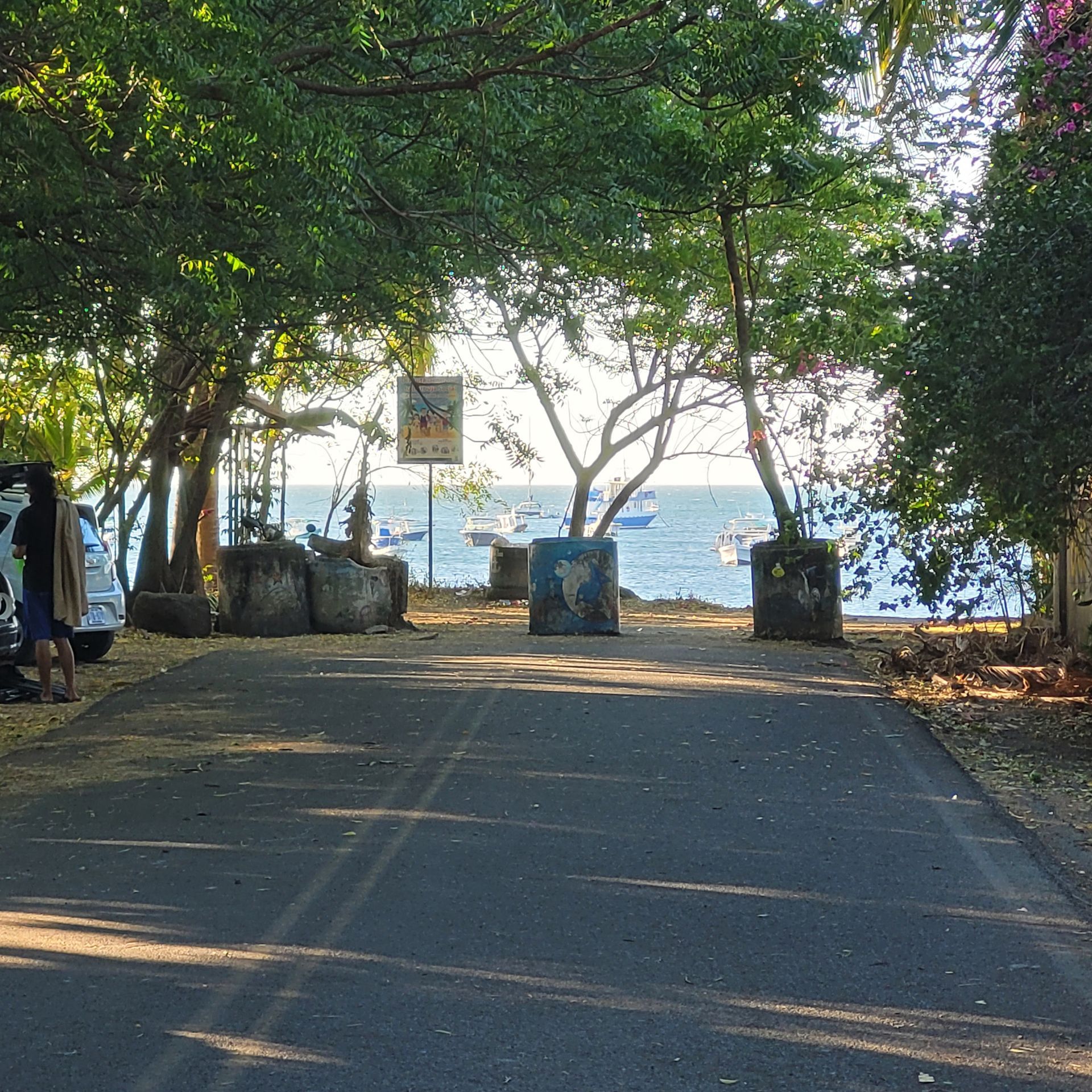 Road leading to ocean, lined with trees and large concrete barriers. Boats visible on the water.