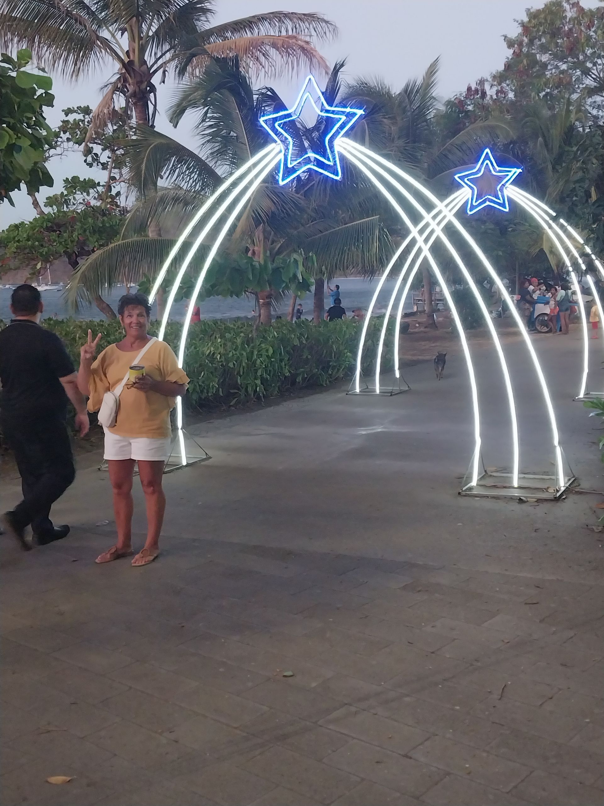 Woman standing by lit star arches; outdoor setting.