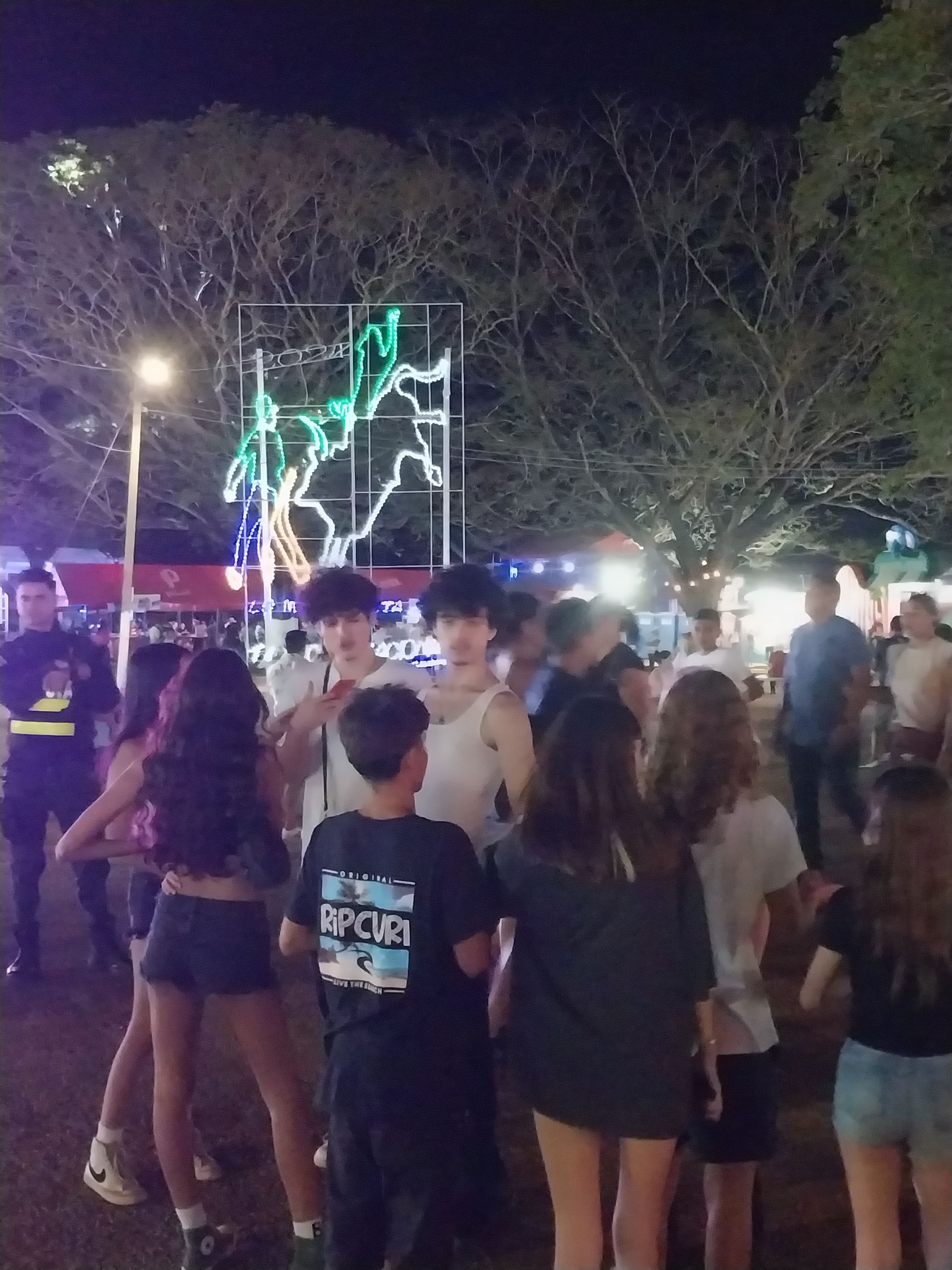 People at an outdoor night event. Lights, trees, and a crowd are visible.