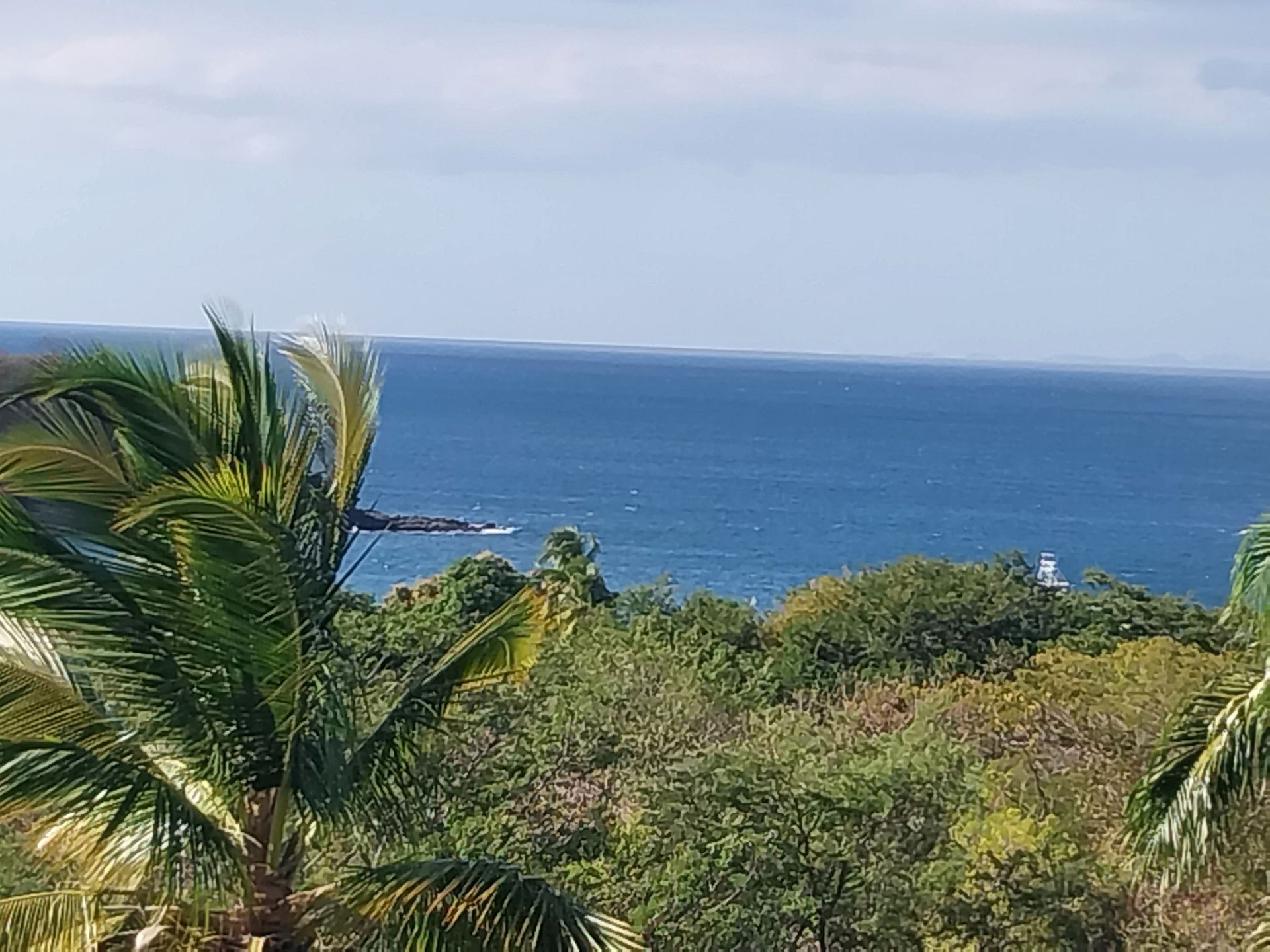 Ocean view from a lush, green hillside. Blue water meets the horizon under a cloudy sky.
