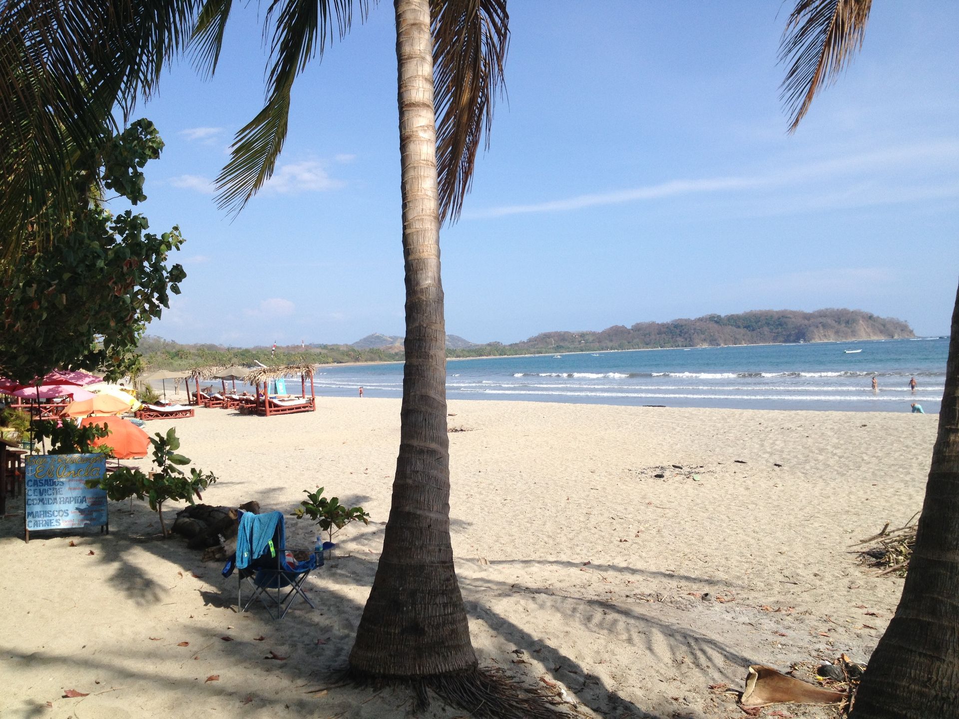 Sandy beach with palm trees, blue ocean, and a small island on the horizon under a bright sky.