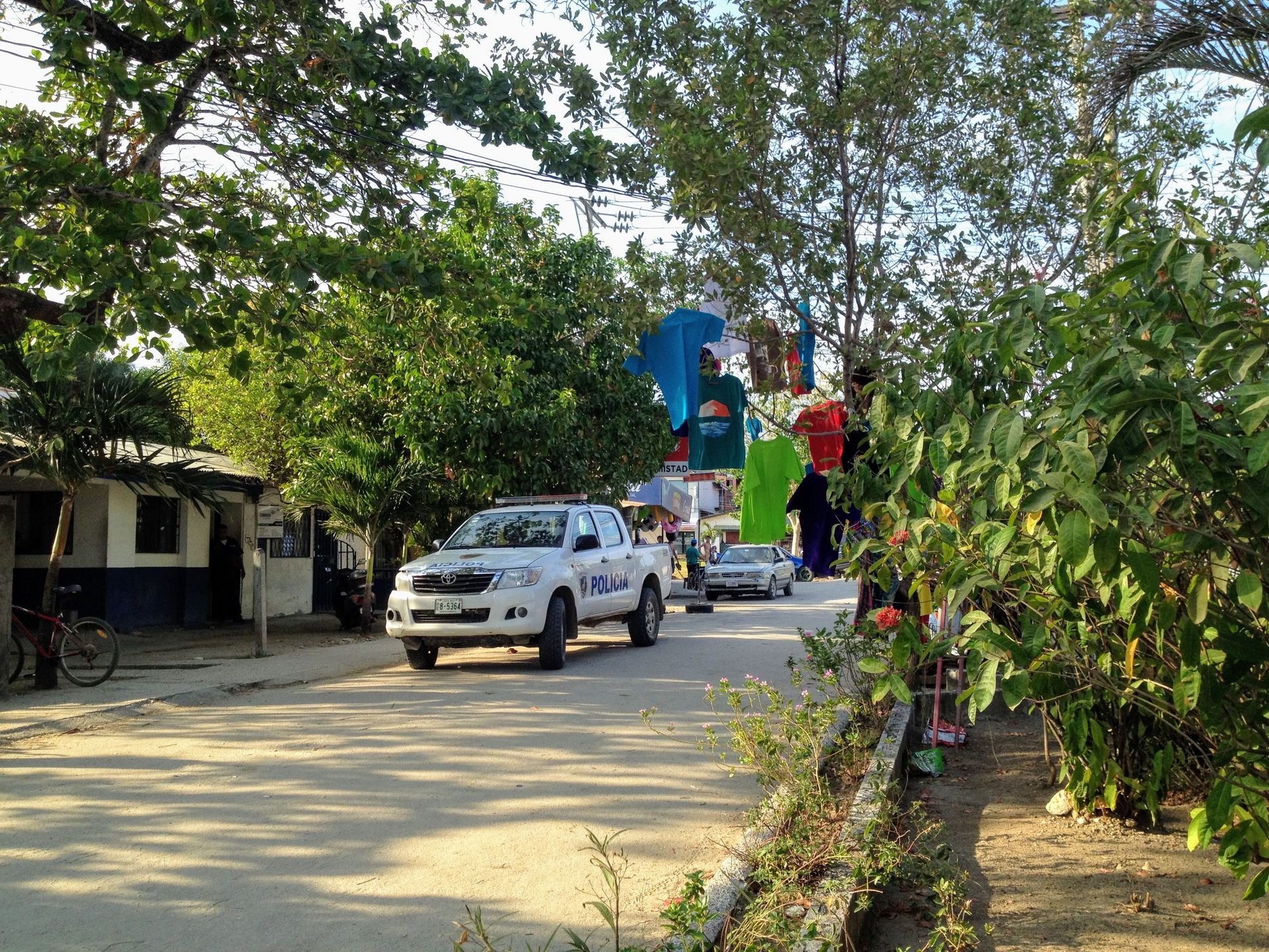 White pickup truck on a paved road, followed by other vehicles, trees lining both sides. Colorful decorations hang overhead.