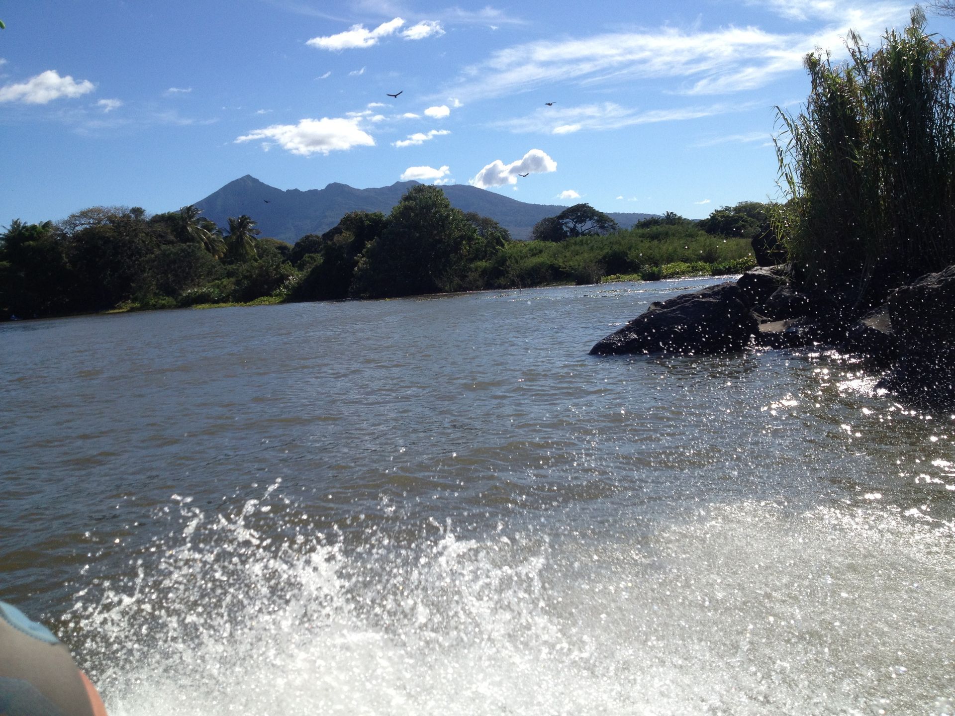 Water splashing from a boat moving on a river, with trees and a mountain in the background under a blue sky.
