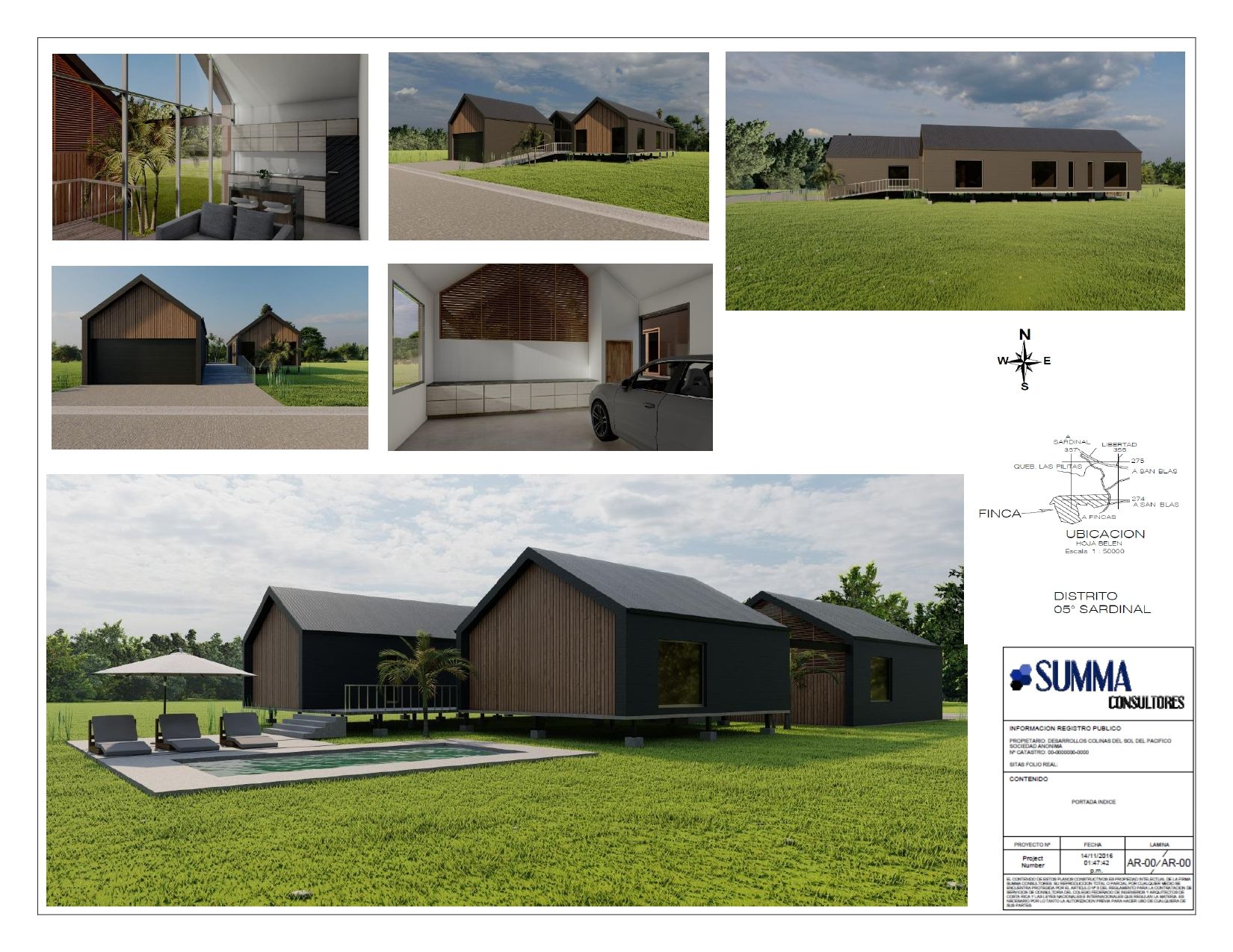 Architectural renderings of a modern home with a pool, grassy yard, and multiple small structures with dark roofs and wood siding.