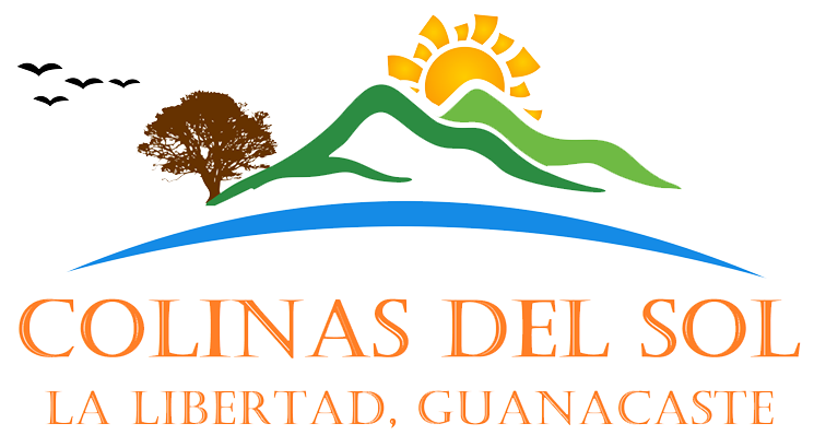Logo for Colinas del Sol: Mountains with sun, birds, tree and blue water; located in La Libertad, Guanacaste.