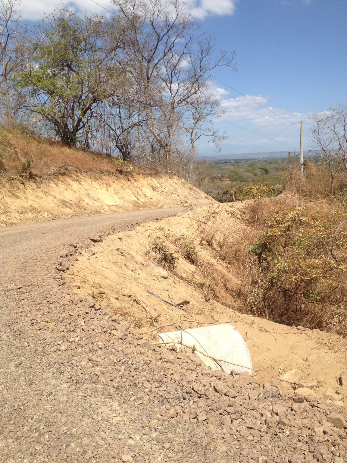 Dirt road winding through a dry, hilly landscape with sparse trees and a blue sky.