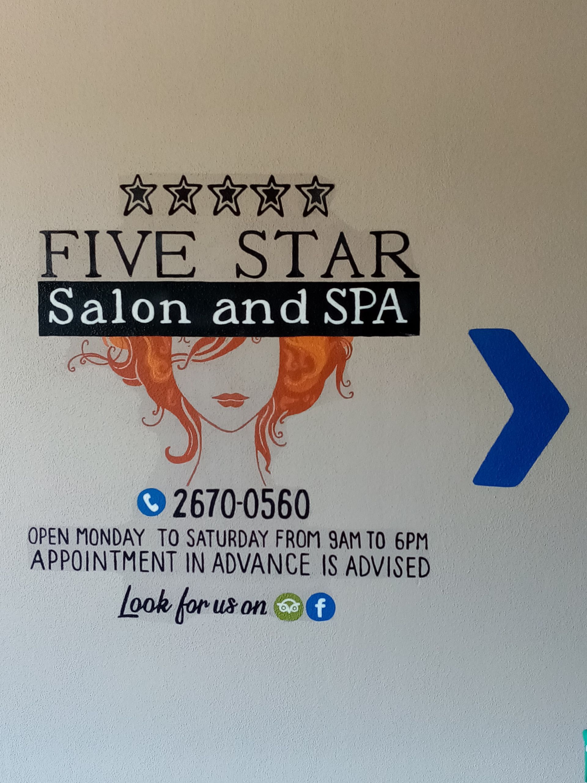 Sign for Five Star Salon and Spa with text and a stylized illustration of a woman. Includes a phone number and social media icons.