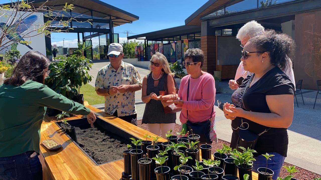 Group of people around a planter, one person points at soil, other people hold small plants. Outdoors.