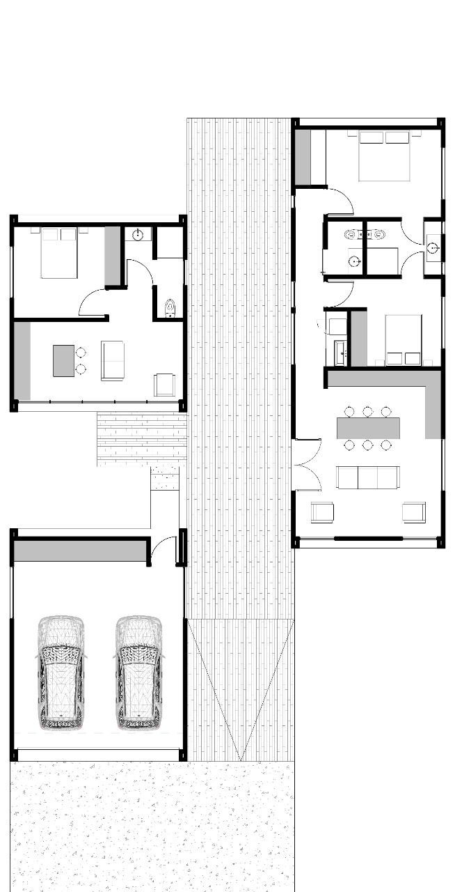 Architectural floor plan of a modern house, showing rooms, garage, and walkway.