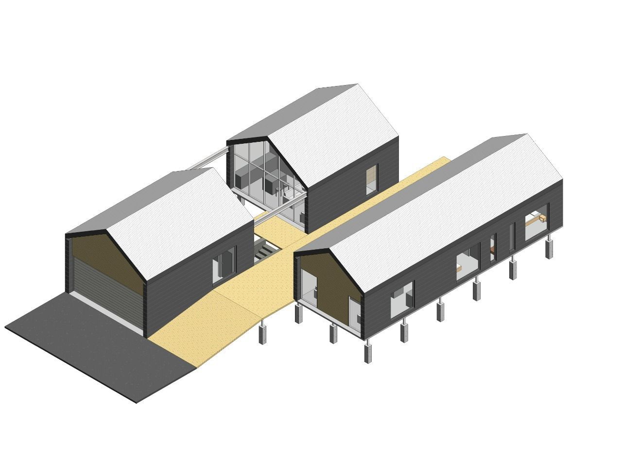 Isometric view of modern buildings with white roofs and dark gray walls, connected by wooden walkways.