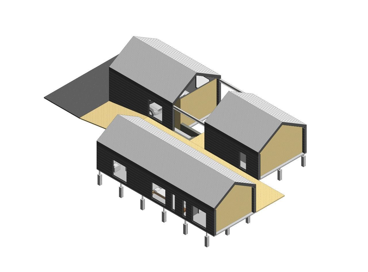 Isometric architectural rendering of three connected buildings with black walls and light-gray roofs on wooden stilts.