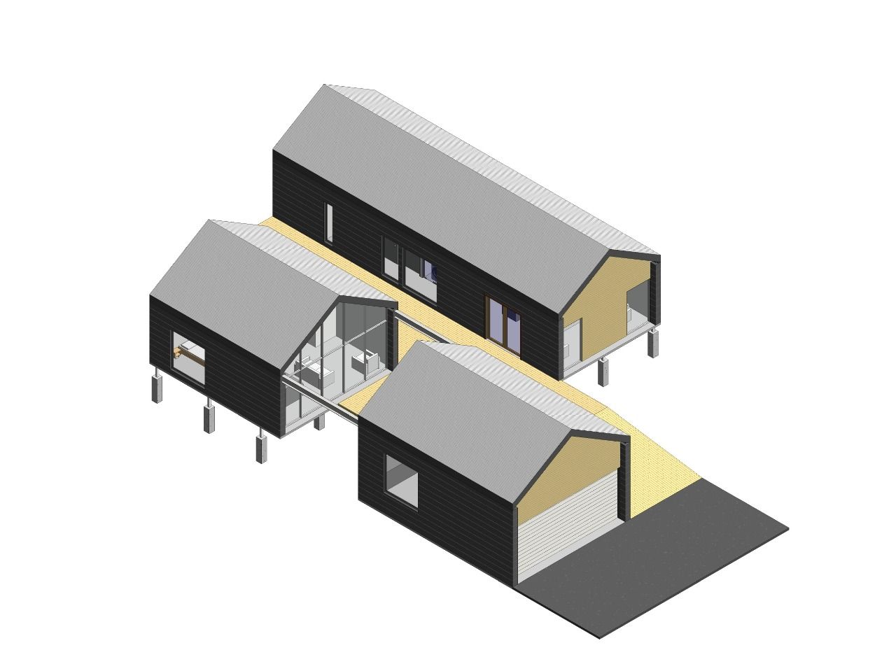 Isometric architectural rendering of three connected black buildings with light-colored gabled roofs and a dark gray driveway.