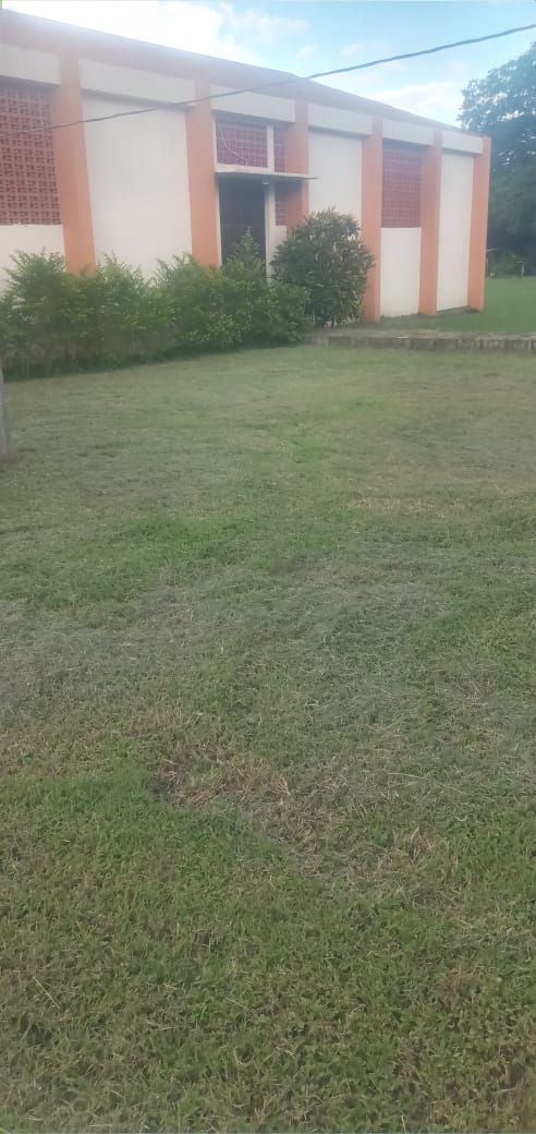 A building with orange trim and a grassy lawn.