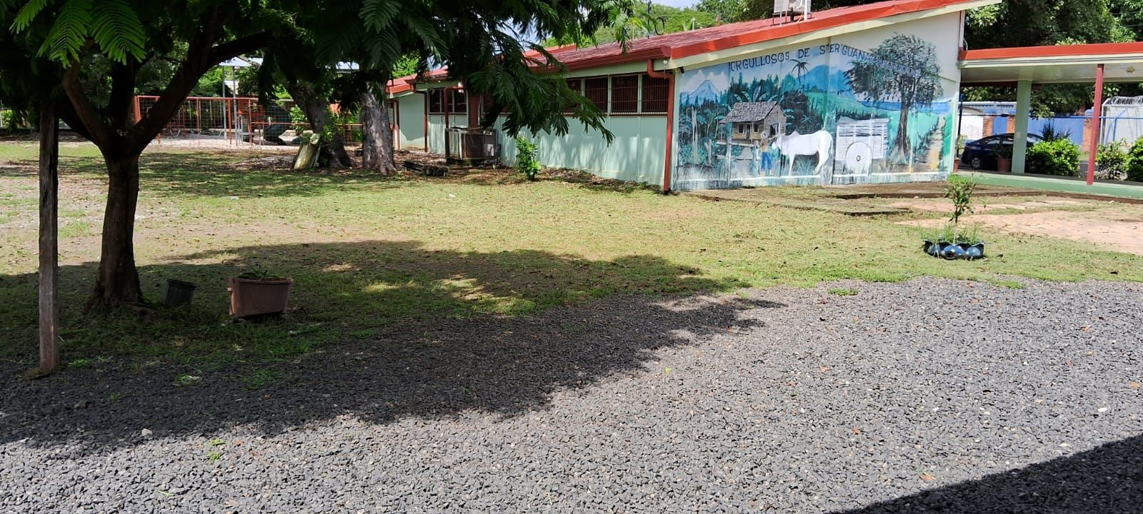 A building with a mural and a red roof, shaded by a tree on a gravel ground.