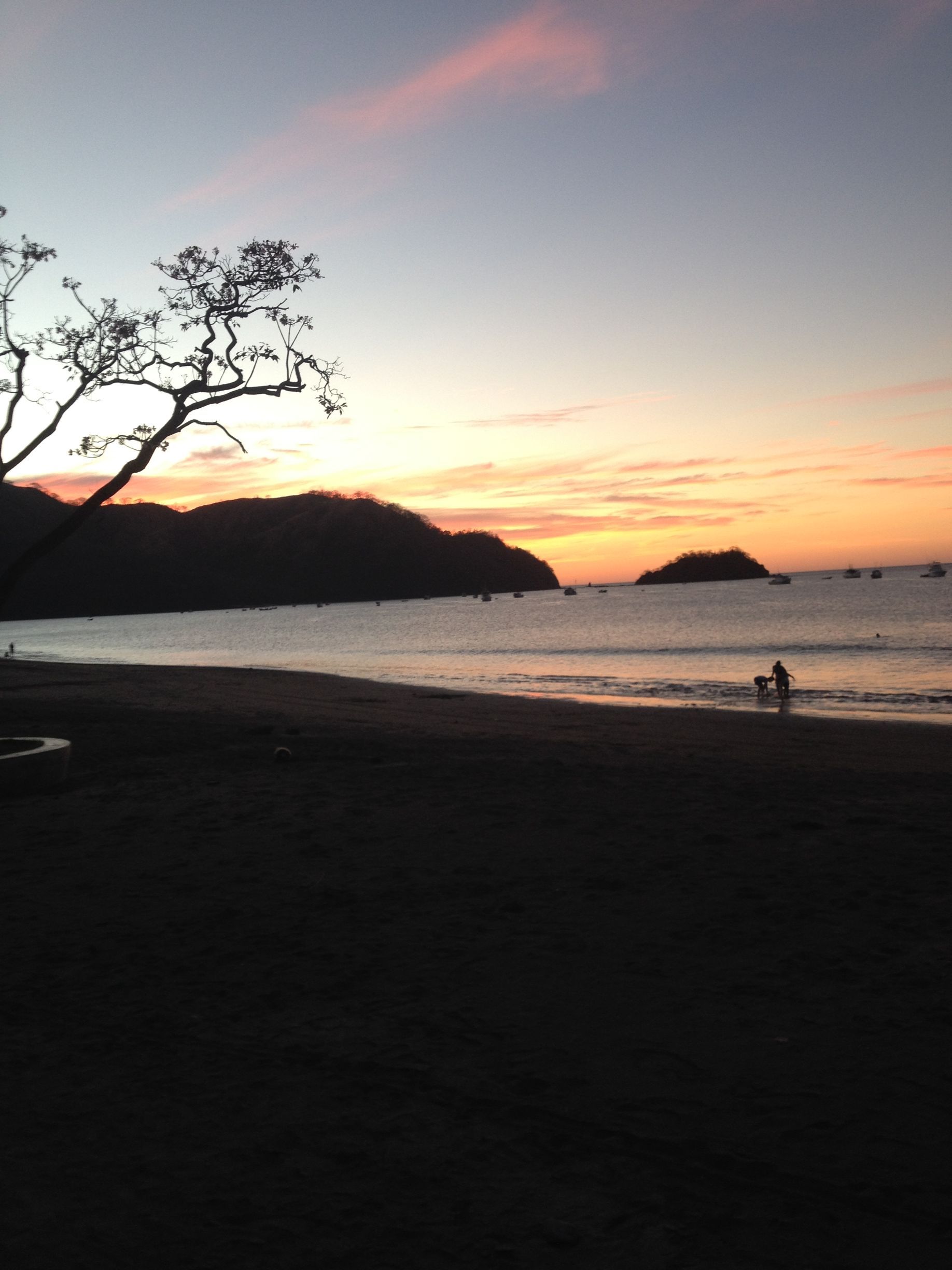 Beach at sunset: silhouetted trees, ocean, mountains, and people. Orange and pink sky.