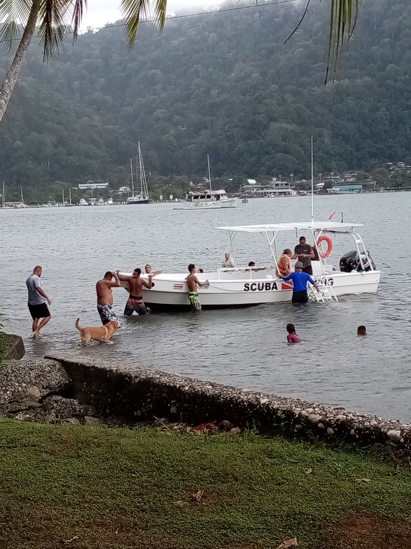 People and dog near a boat in the water. Mountains and buildings in the background. Overcast day.