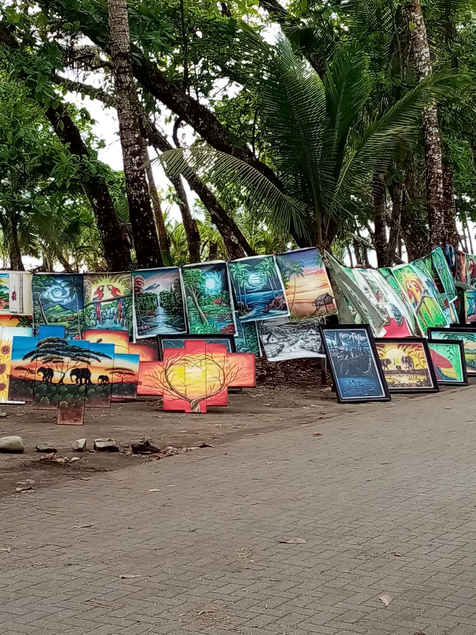 Paintings for sale, leaning against a tree line, set along a dirt path.
