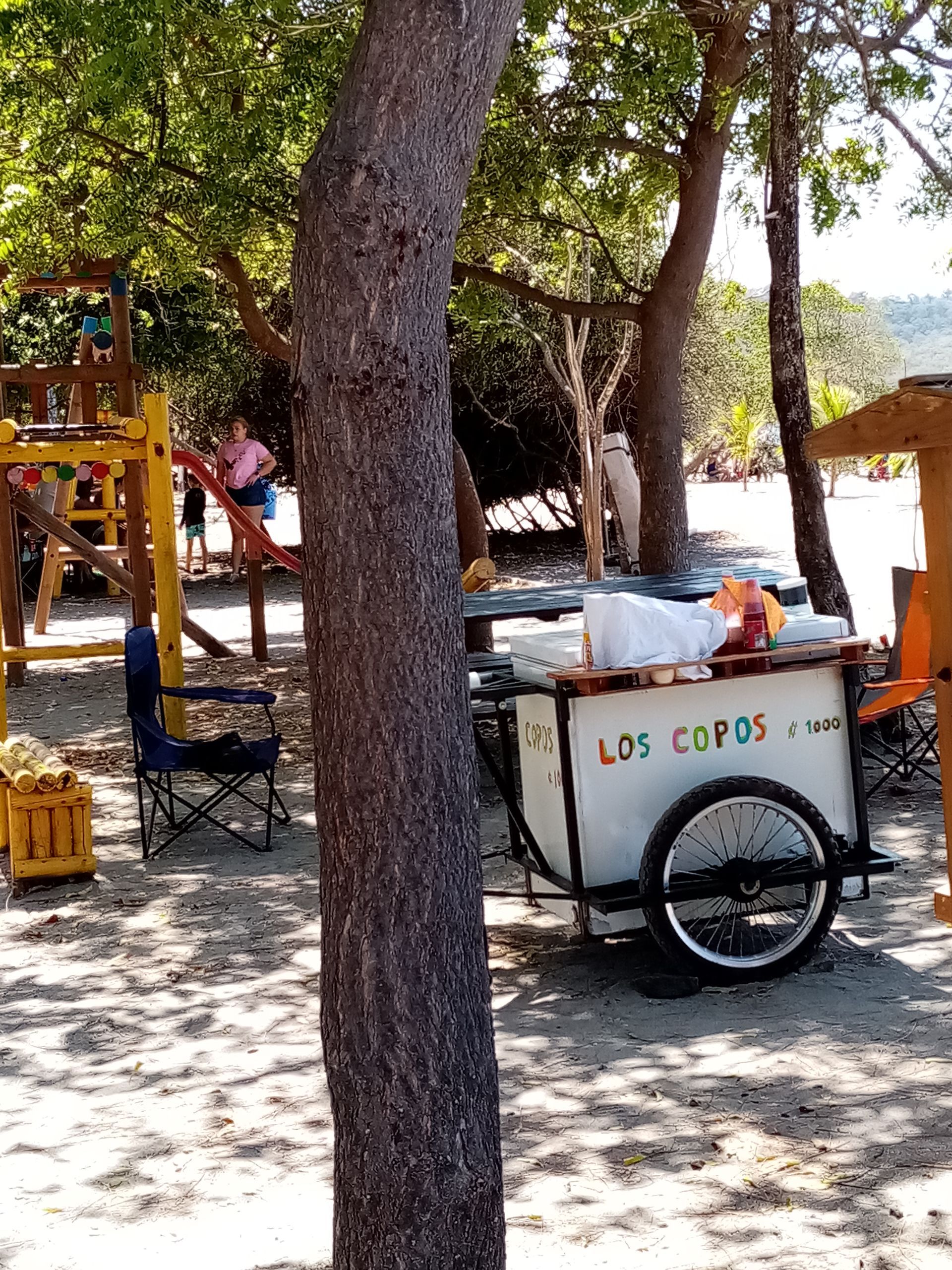 A beach scene with a shaved ice cart, a playground, and trees providing shade.