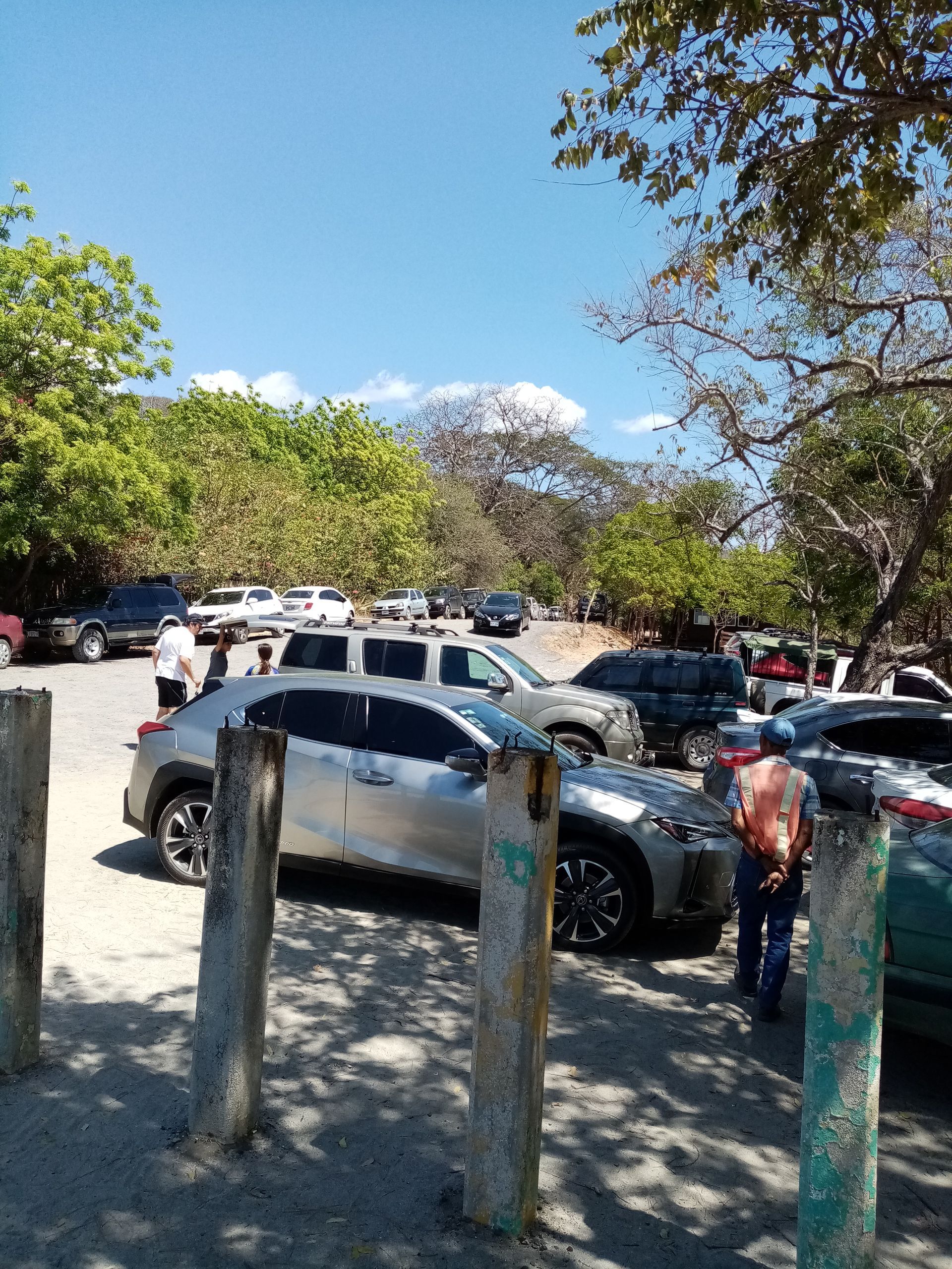 Cars parked in a shaded lot near trees and a clear sky; people walk around.