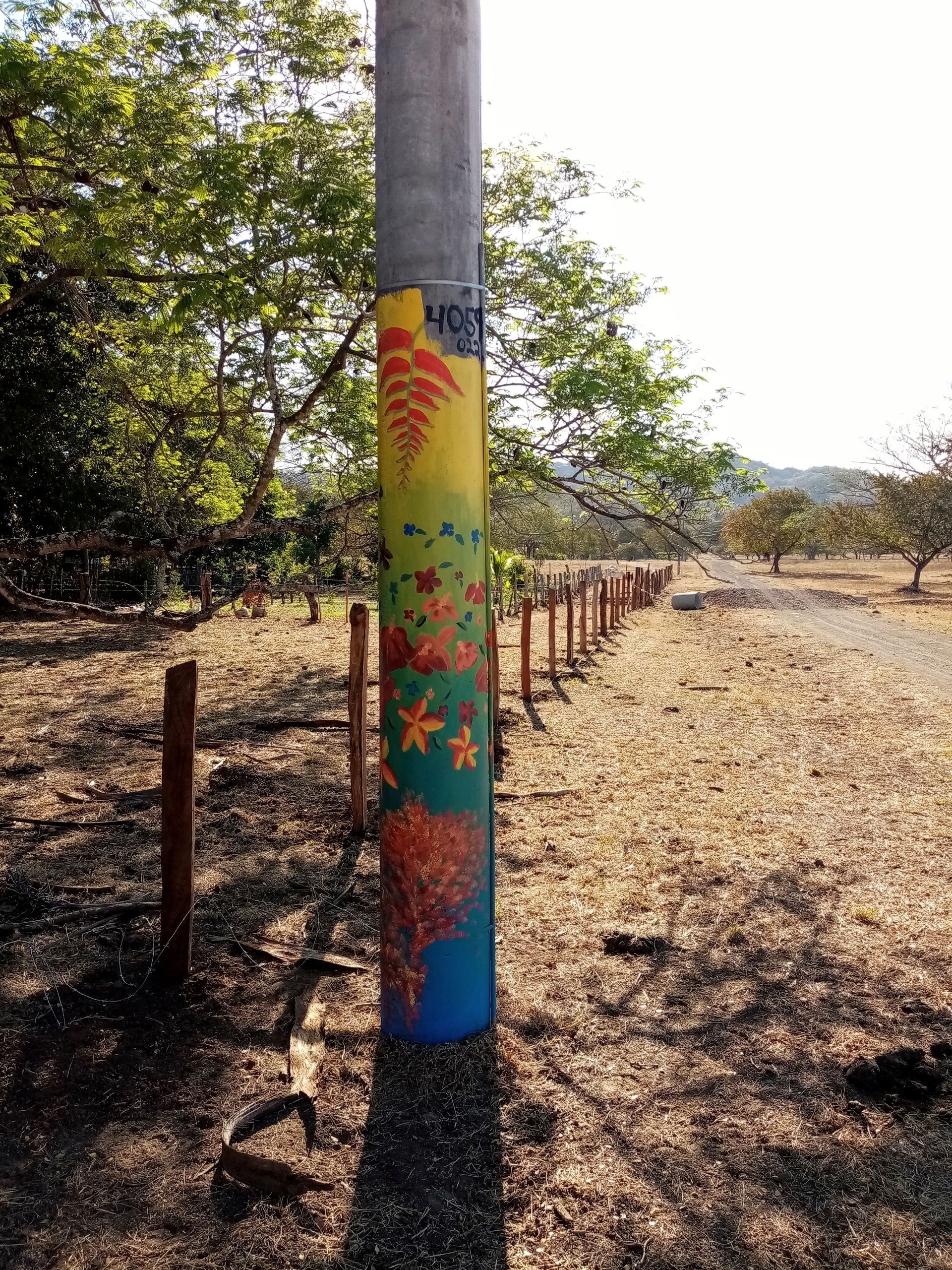 Painted utility pole with vibrant floral art, next to a fence and dirt path in a sunny, grassy field.