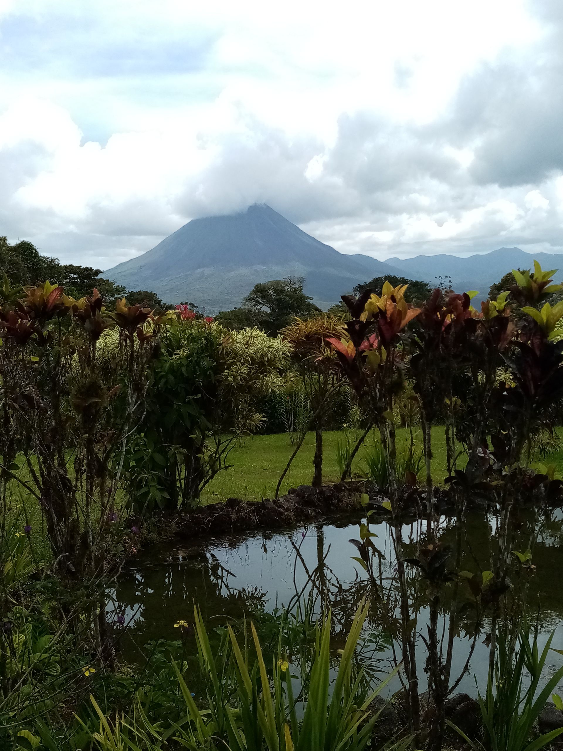 Mountain view with a pond, trees, and cloudy sky.