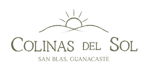 Logo for Colinas del Sol: Mountains with sun, birds, tree and blue water; located in La Libertad, Guanacaste.