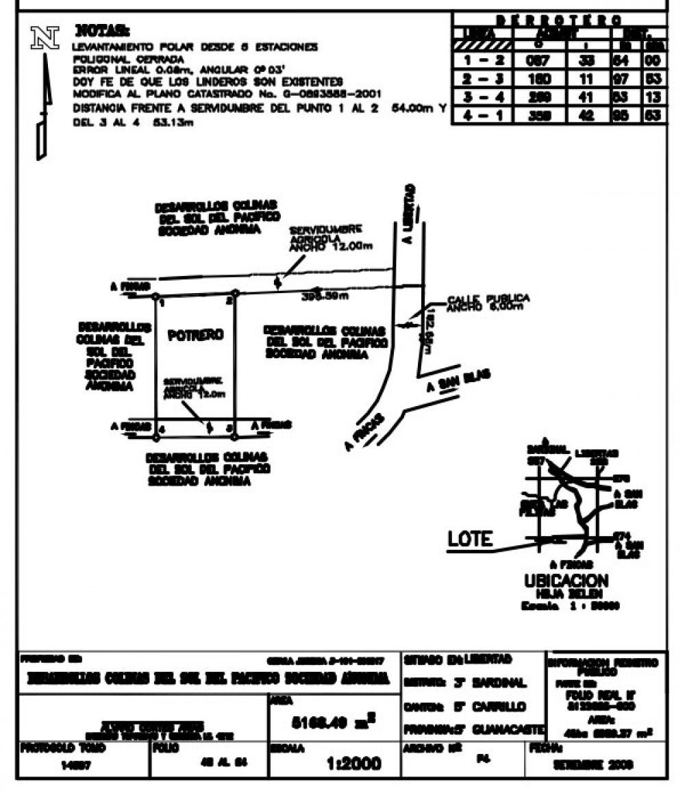 Diagram of a land survey with measurements, annotations, and a location map.